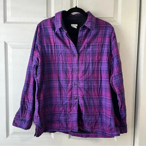 LL Bean Purple Plaid Flannel Fleece Lined Shirt Shacket Button Front Womens Sm